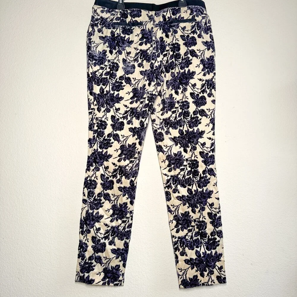 Tory Burch Dayton Floral Velvet Pants Size 8 Ivory Purple Flocked